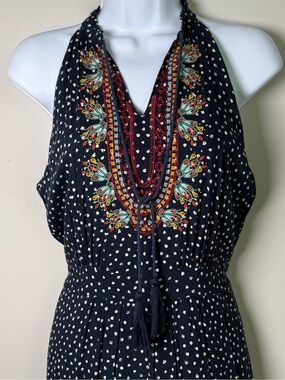THML Boho Embroidered Halter Maxi Dress Navy Ditzy Dot Cottagecore Festival MP